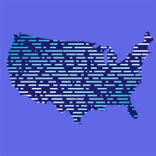 A violet background with an outline of the United States in the center