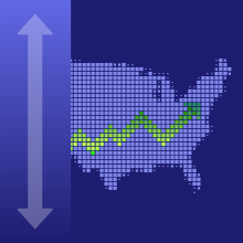On the left there is an arrow pointing both up and down. To the right is an outline of the United States with an arrow zig-zagging pointing up